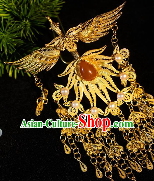 Ancient China Queen Tassel Hairpin Handmade Hair Accessories Traditional Hanfu Ming Dynasty Golden Phoenix Hair Crown