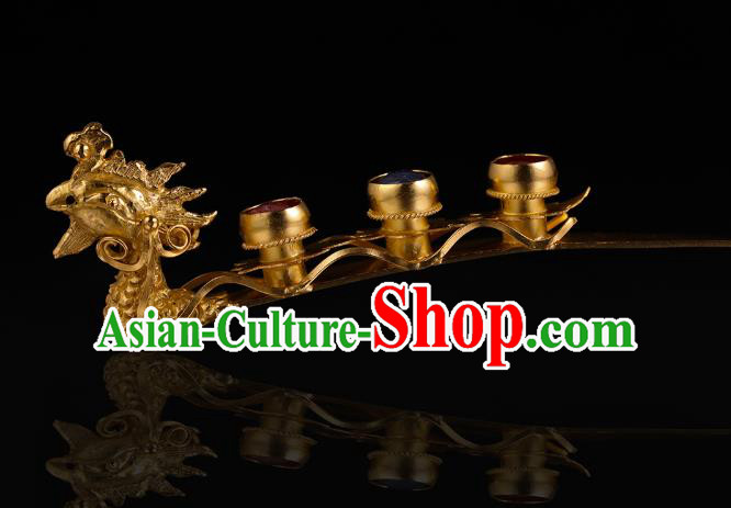 China Traditional Ming Dynasty Golden Phoenix Hairpin Handmade Hair Accessories Ancient Empress Gems Hair Stick