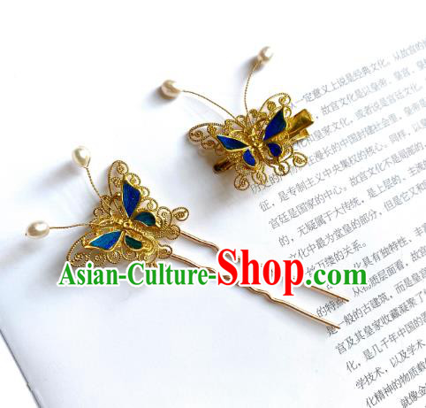 China Ancient Palace Lady Blue Butterfly Hairpin Handmade Hair Accessories Traditional Ming Dynasty Princess Hair Stick