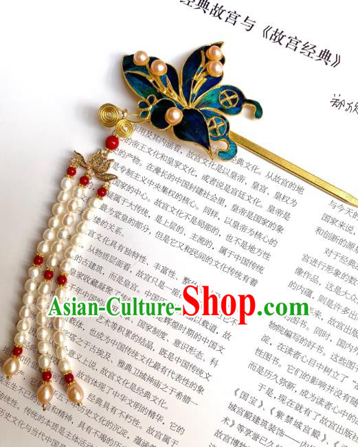 China Ancient Palace Lady Pearls Tassel Hairpin Handmade Hair Accessories Traditional Ming Dynasty Court Hair Stick