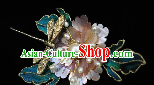 China Ancient Empress Pink Shell Peony Dragonfly Hairpin Handmade Hair Accessories Traditional Ming Dynasty Hair Stick