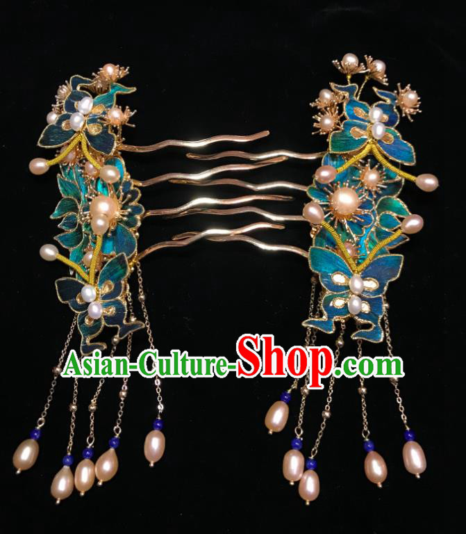 China Ancient Empress Blue Butterfly Hairpin Handmade Hair Accessories Traditional Ming Dynasty Pearls Tassel Hair Combs