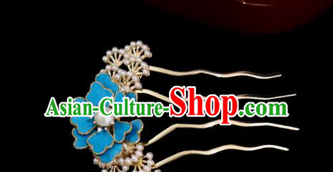 China Ancient Imperial Consort Hairpin Handmade Hair Accessories Traditional Ming Dynasty Palace Blue Peony Hair Comb