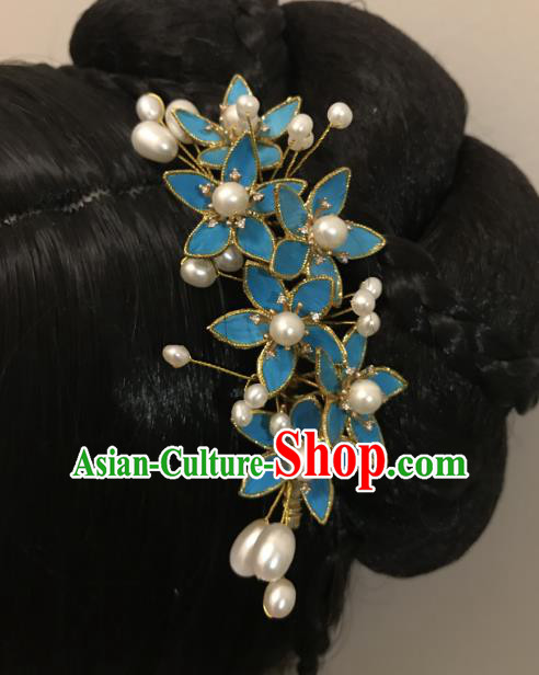 China Ancient Court Lady Blue Flowers Hairpin Handmade Hair Accessories Traditional Ming Dynasty Princess Hair Stick