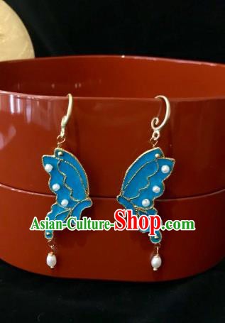 Handmade Chinese Qing Dynasty Court Ear Accessories Traditional Ancient Imperial Consort Blue Butterfly Earrings Jewelry