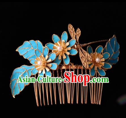 China Ancient Noble Woman Hairpin Handmade Hair Accessories Traditional Ming Dynasty Blue Dragonfly Lotus Hair Comb