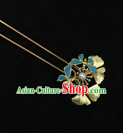 China Ancient Noble Lady Blue Butterfly Hairpin Handmade Hair Accessories Traditional Qing Dynasty Ginkgo Leaf Hair Stick