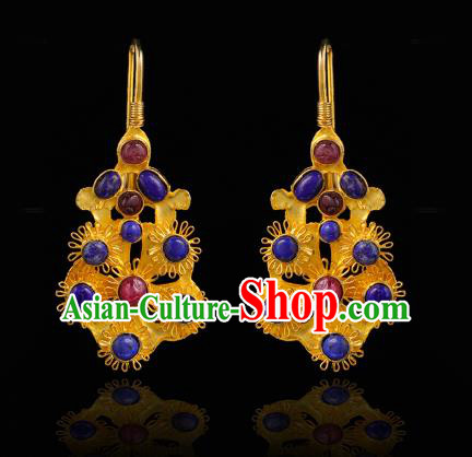 Handmade Chinese Traditional Ming Dynasty Golden Plum Ear Accessories Ancient Court Lady Earrings Gems Jewelry