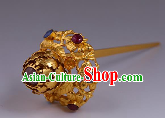 China Traditional Ming Dynasty Queen Gems Hairpin Handmade Hair Accessories Ancient Empress Gilding Peony Hair Stick