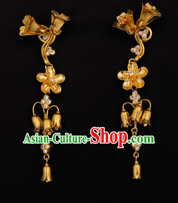 Handmade Chinese Traditional Ming Dynasty Crystal Ear Accessories Ancient Court Lady Golden Flowers Earrings Jewelry