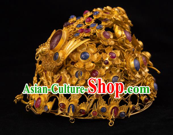 China Traditional Ming Dynasty Golden Phoenix Coronet Handmade Hair Accessories Ancient Empress Gems Hair Crown