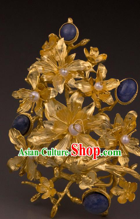 China Ancient Queen Lapis Hairpin Handmade Hair Accessories Traditional Ming Dynasty Court Golden Hair Crown