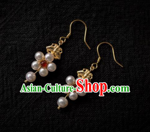 China Ancient Ming Dynasty Empress Pearls Ear Jewelry Traditional Hanfu Garnet Earrings