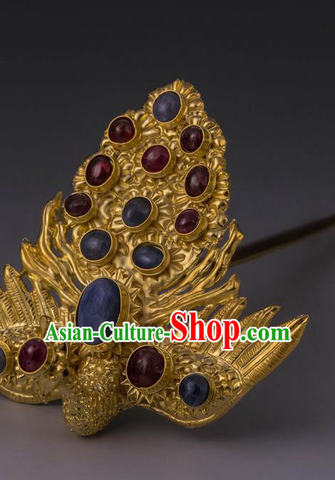 China Ancient Empress Gilding Hairpin Handmade Hair Accessories Traditional Ming Dynasty Gems Phoenix Hair Crown