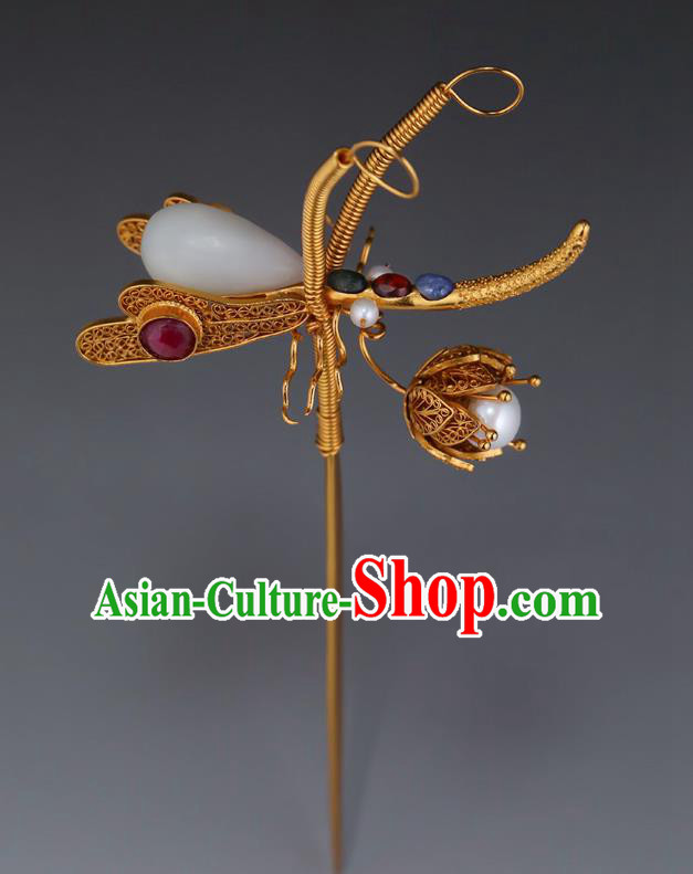 China Ancient Princess White Jade Hairpin Handmade Hair Accessories Traditional Ming Dynasty Gems Dragonfly Hair Stick