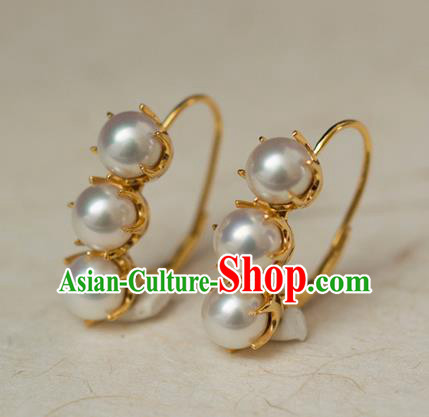 China Ancient Court Woman Ear Jewelry Traditional Qing Dynasty Imperial Concubine Pearls Earrings