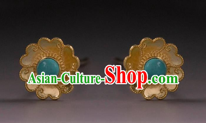 Handmade Chinese Traditional Ming Dynasty Kallaite Ear Accessories Ancient Court Lady Golden Earrings Jewelry