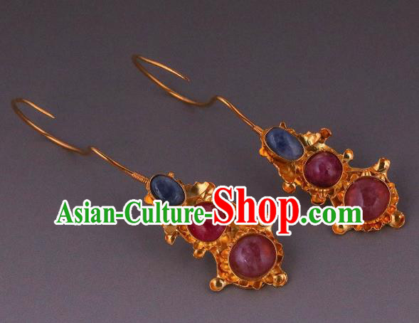 Handmade Chinese Ming Dynasty Court Ear Accessories Traditional Ancient Palace Lady Gems Earrings Jewelry