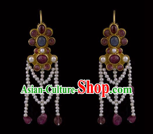 Handmade Chinese Ming Dynasty Court Pearls Tassel Ear Accessories Traditional Ancient Palace Lady Garnet Earrings Jewelry