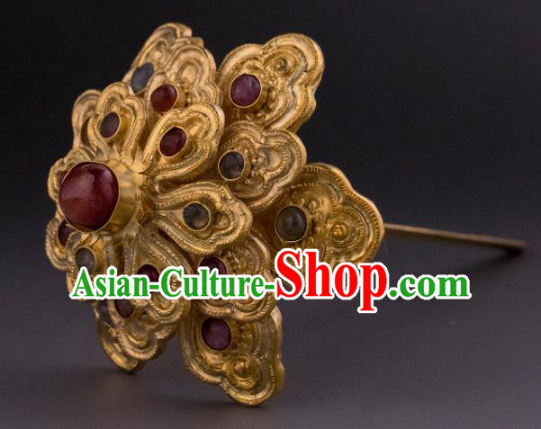 China Ancient Empress Gems Hairpin Handmade Hair Accessories Traditional Ming Dynasty Court Golden Hair Crown