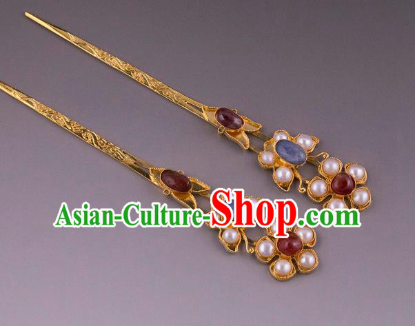 China Ancient Empress Pearls Hairpin Handmade Hair Accessories Traditional Ming Dynasty Court Gems Hair Stick