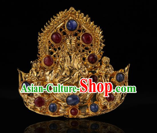 China Ancient Empress Gems Headwear Hairpin Handmade Hair Accessories Traditional Ming Dynasty Golden Buddha Hair Crown