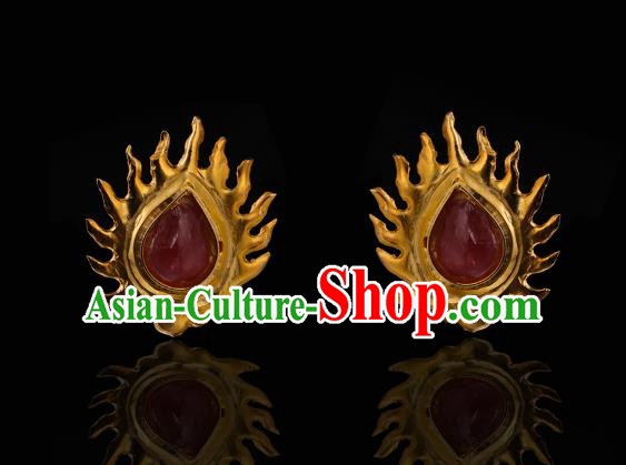 China Ancient Empress Ruby Hairpin Handmade Hair Accessories Traditional Ming Dynasty Golden Flame Hair Stick