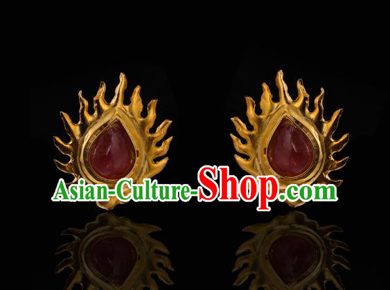 China Ancient Empress Ruby Hairpin Handmade Hair Accessories Traditional Ming Dynasty Golden Flame Hair Stick