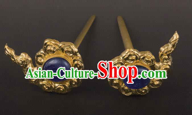 China Ancient Queen Golden Cloud Hairpin Handmade Hair Accessories Traditional Ming Dynasty Lapis Hair Stick