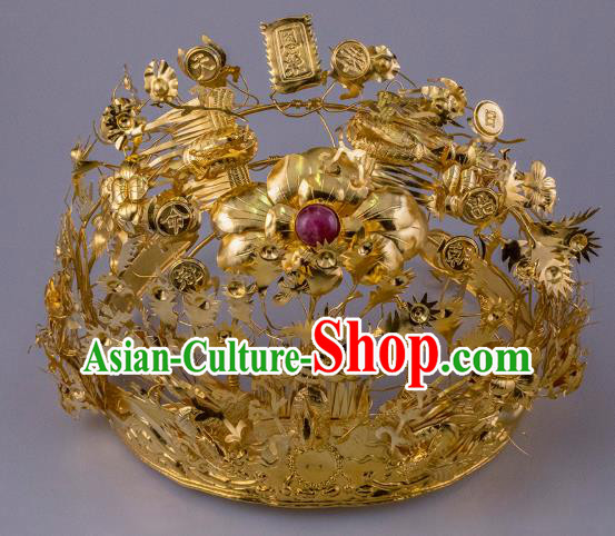 China Ancient Queen Golden Peony Hair Crown Handmade Hair Accessories Traditional Ming Dynasty Phoenix Coronet