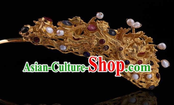 China Ancient Queen Golden Dragon Hair Stick Handmade Hair Accessories Traditional Ming Dynasty Filigree Hairpin