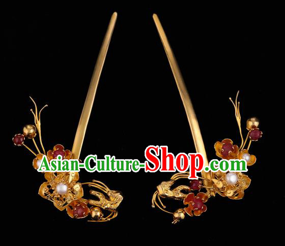 China Ancient Court Empress Golden Plum Hair Stick Handmade Hair Accessories Traditional Ming Dynasty Pearls Hairpin