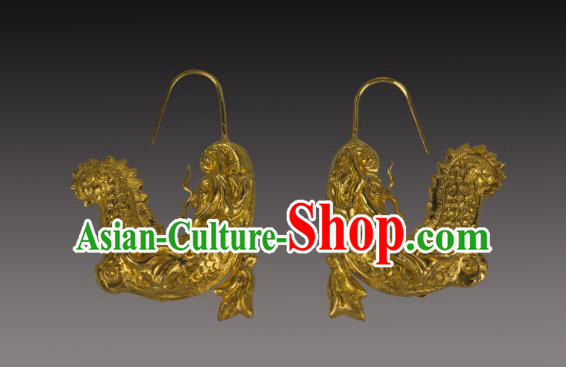 Handmade Chinese Tang Dynasty Court Ear Accessories Traditional Ancient Palace Lady Golden Capricorn Earrings Jewelry