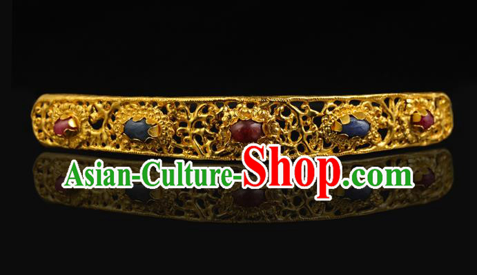 China Ancient Empress Golden Hair Stick Handmade Hair Accessories Traditional Ming Dynasty Gemmed Hairpin