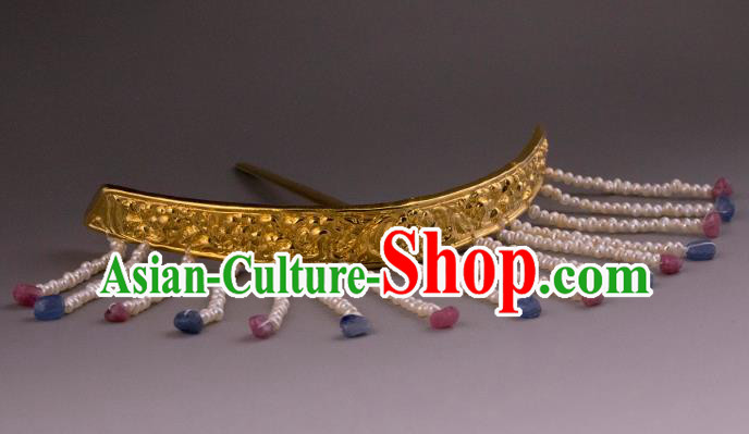 China Ancient Empress Pearls Tassel Hairpin Handmade Hair Accessories Traditional Ming Dynasty Golden Hair Crown