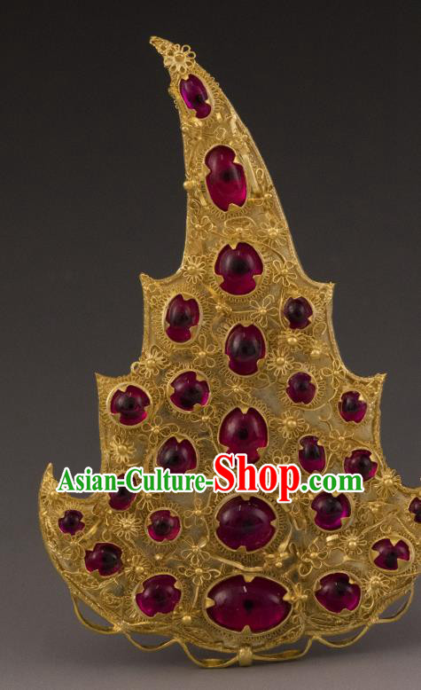 China Ancient Empress Gems Golden Hairpin Handmade Hair Accessories Traditional Ming Dynasty Ruby Hair Crown