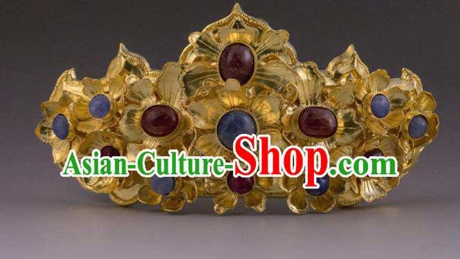 China Ancient Empress Golden Flowers Hairpin Handmade Hair Accessories Traditional Ming Dynasty Palace Gems Hair Crown