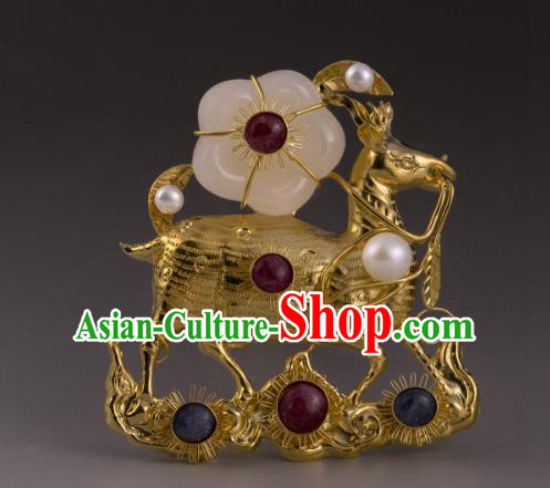 China Ancient Empress Golden Deer Hairpin Handmade Hair Accessories Traditional Ming Dynasty Palace Jade Plum Hair Crown