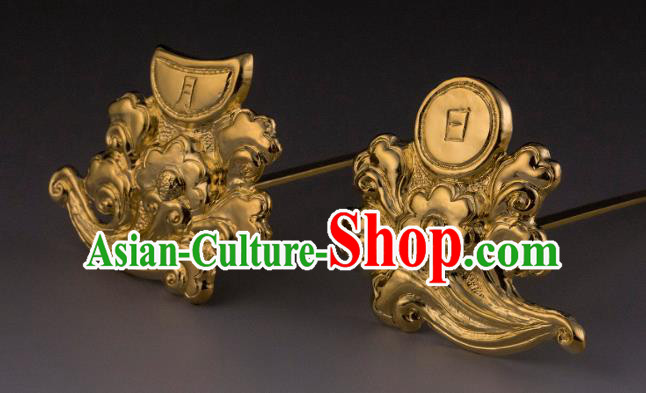 China Ancient Imperial Empress Golden Hairpins Handmade Hair Accessories Traditional Ming Dynasty Court Hair Sticks