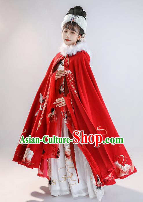 China Ancient Noble Woman Historical Clothing Traditional Hanfu Cape Ming Dynasty Court Princess Embroidered Red Cloak