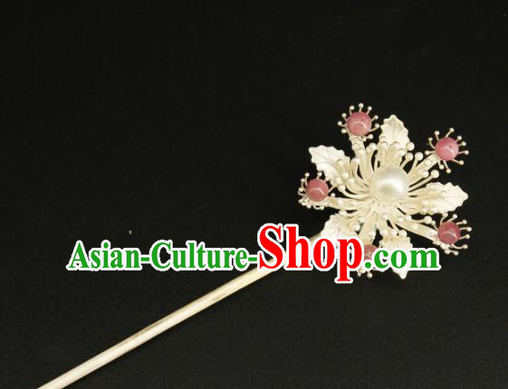 China Ancient Princess Hair Stick Handmade Hair Accessories Traditional Ming Dynasty Argent Flower Hairpin