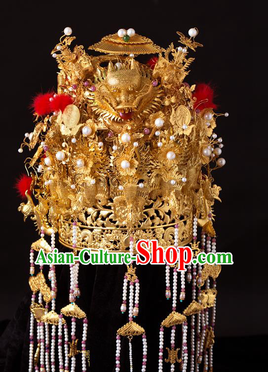 China Ancient Empress Golden Hair Crown Handmade Hair Accessories Traditional Ming Dynasty Pearls Tassel Phoenix Coronet