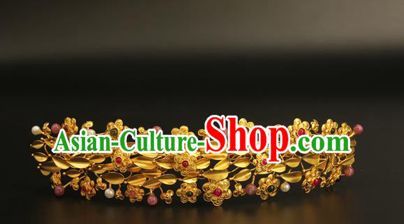 China Ancient Imperial Consort Hairpin Handmade Hair Accessories Traditional Ming Dynasty Golden Flowers Hair Crown