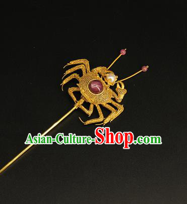 China Ancient Queen Filigree Hair Stick Handmade Hair Accessories Traditional Ming Dynasty Golden Crab Hairpin