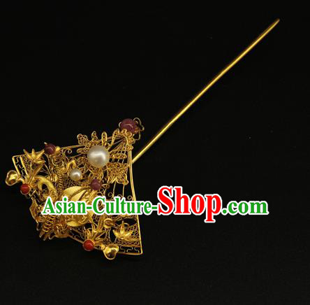 China Ancient Gilding Fan Hairpin Handmade Hair Accessories Traditional Ming Dynasty Golden Butterfly Hair Stick