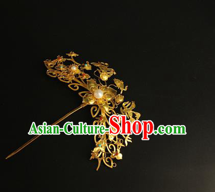 China Ancient Court Hairpin Handmade Hair Accessories Traditional Ming Dynasty Golden Flowers Bird Hair Stick