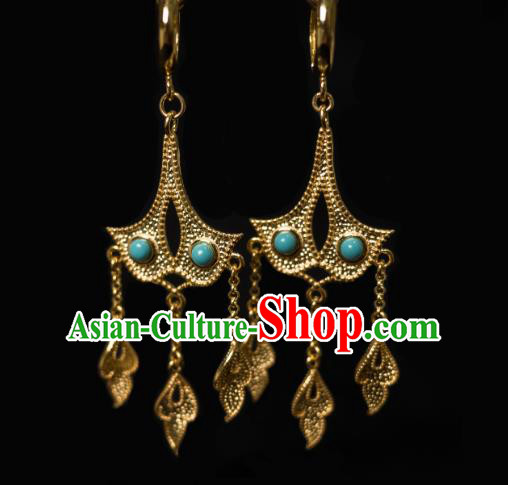 China Traditional Tang Dynasty Imperial Concubine Kallaite Earrings Ancient Golden Ginkgo Leaf Ear Jewelry