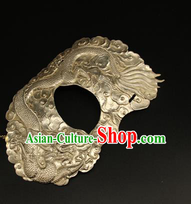 China Ancient Swordsman Argent Half Face Mack Handmade Carving Dragon Mask Accessorie