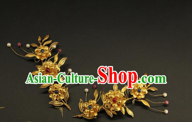 China Traditional Court Golden Hair Sticks Handmade Hair Accessories Ancient Ming Dynasty Gems Hairpin