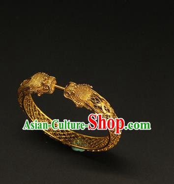 China Ancient Hollowed Dragon Golden Bracelet Handmade Ming Dynasty Jewelry Accessorie